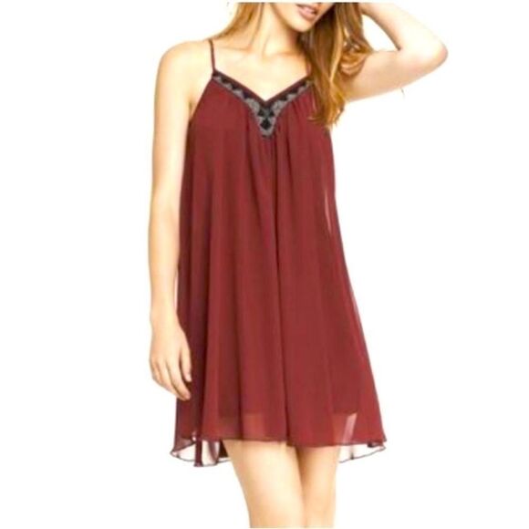 Express Dark Red Beaded Collar Mini Dress size XS Pleated Dark Romantic Vamp - Picture 1 of 14